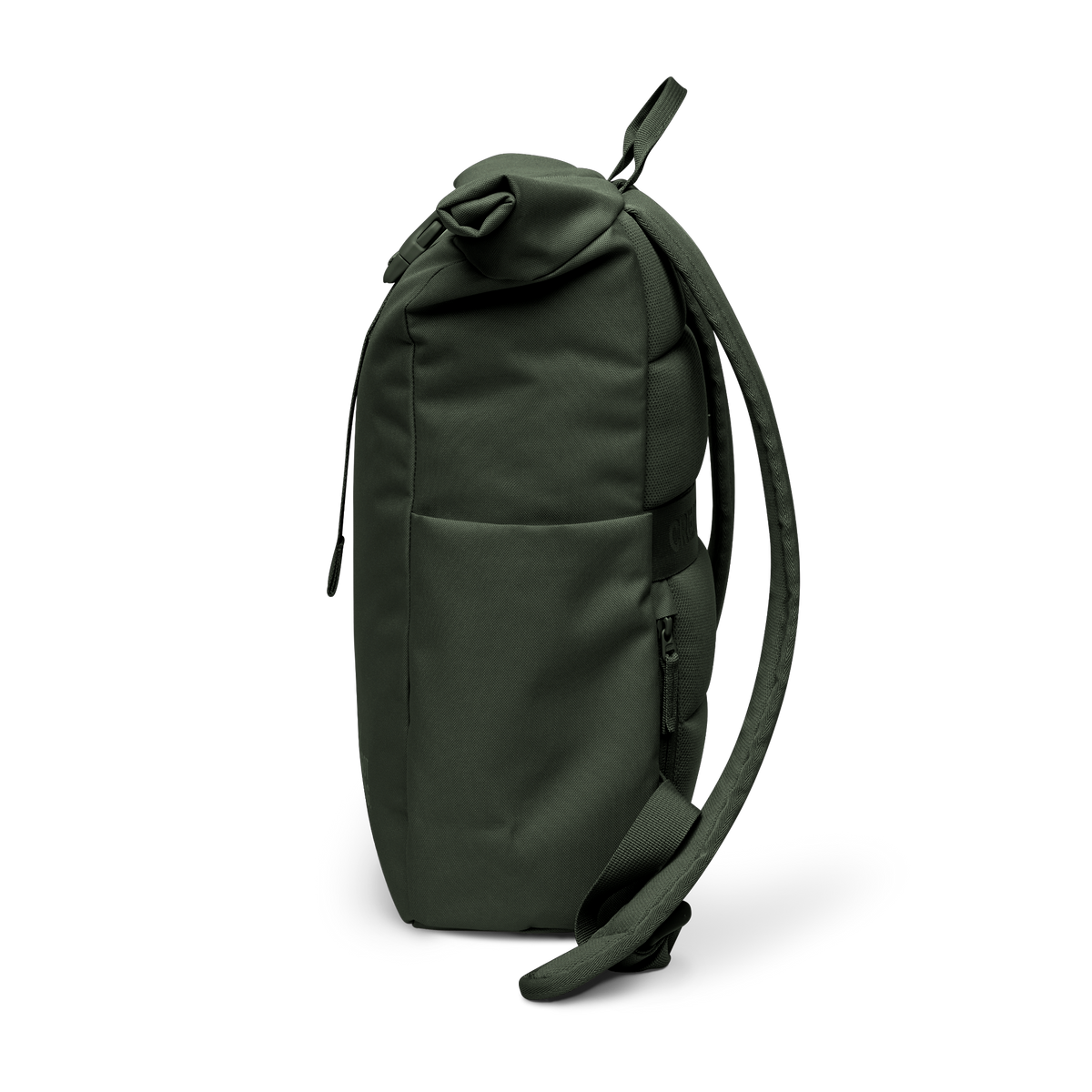 ROLLTOP EASY SMALL Rucksack in algae (Dunkelgrün mit Graustich) als Studioaufnahme in Seitenansicht.