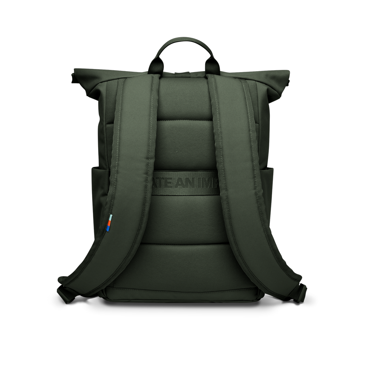 ROLLTOP EASY SMALL Rucksack in algae (Dunkelgrün mit Graustich) als Studioaufnahme in Rückenansicht.