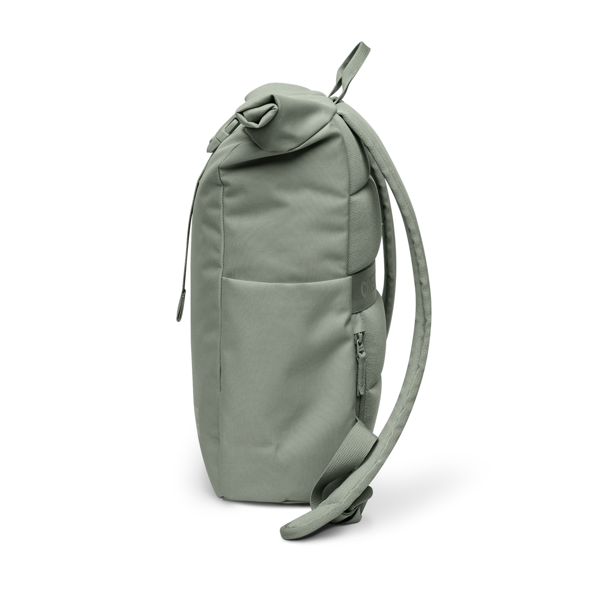 ROLLTOP EASY SMALL Rucksack in bass (Salbeigrün) als Seitenansicht.