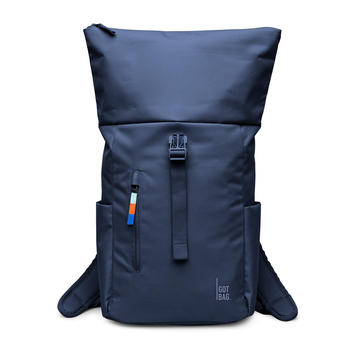 ROLLTOP EASY SMALL Rucksack in deep ocean (dunkles Marineblau) in Frontansicht mit geöffnetem Rolltop.