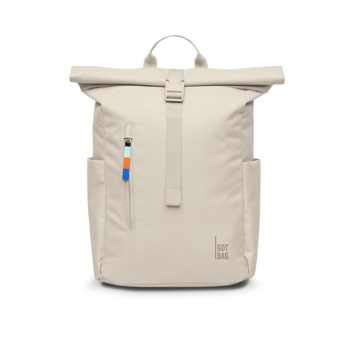 ROLLTOP EASY SMALL Rucksack in soft shell (warmes Cremeweiß) als Studioaufnahme in Frontansicht.