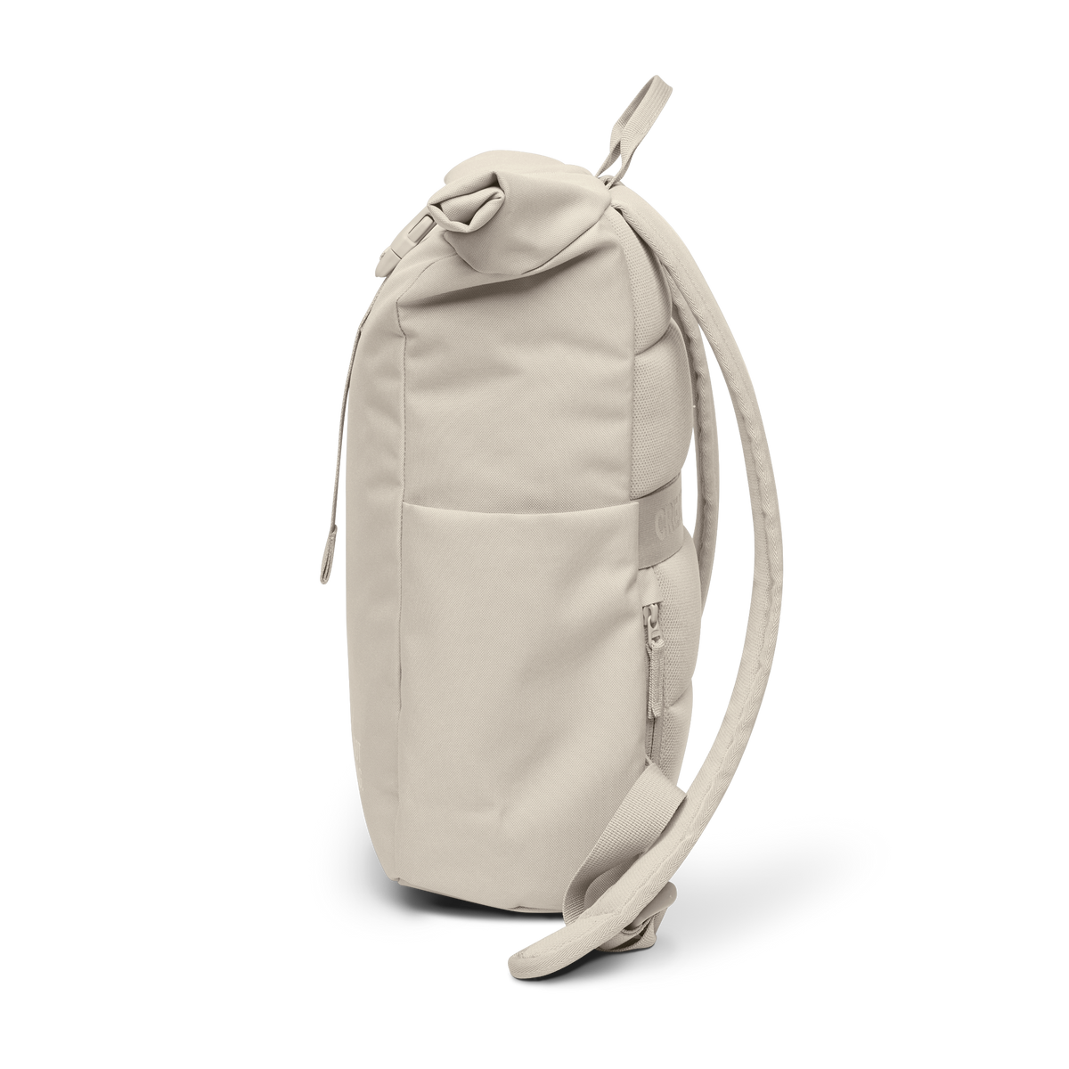ROLLTOP EASY SMALL Rucksack in soft shell (warmes Cremeweiß) als Seitenansicht.