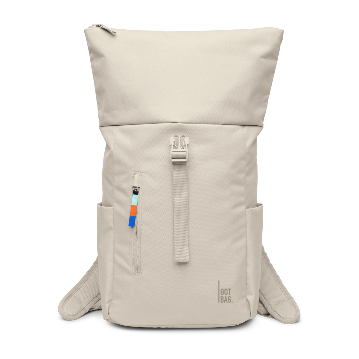 ROLLTOP EASY SMALL Rucksack in soft shell (warmes Cremeweiß), Frontansicht.