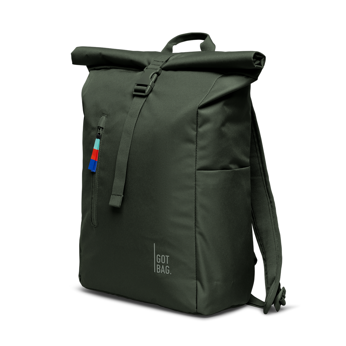 ROLLTOP EASY Rucksack in algae (Dunkelgrün mit Graustich) in diagonaler Ansicht.