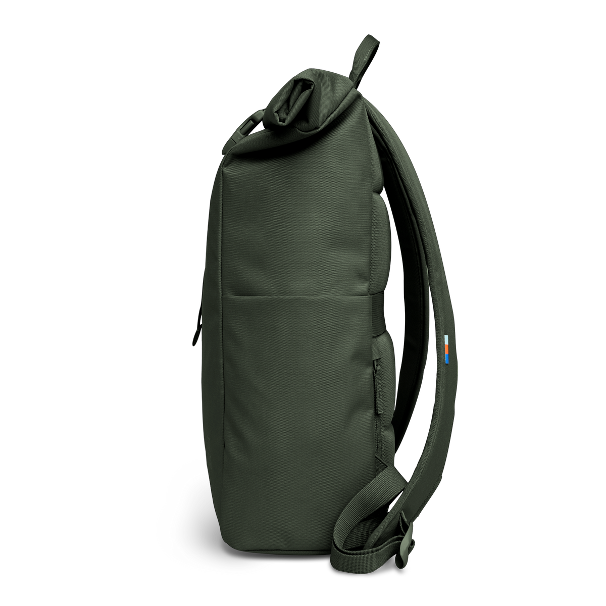 ROLLTOP EASY Rucksack in algae (Dunkelgrün mit Graustich) als Seitenansicht.