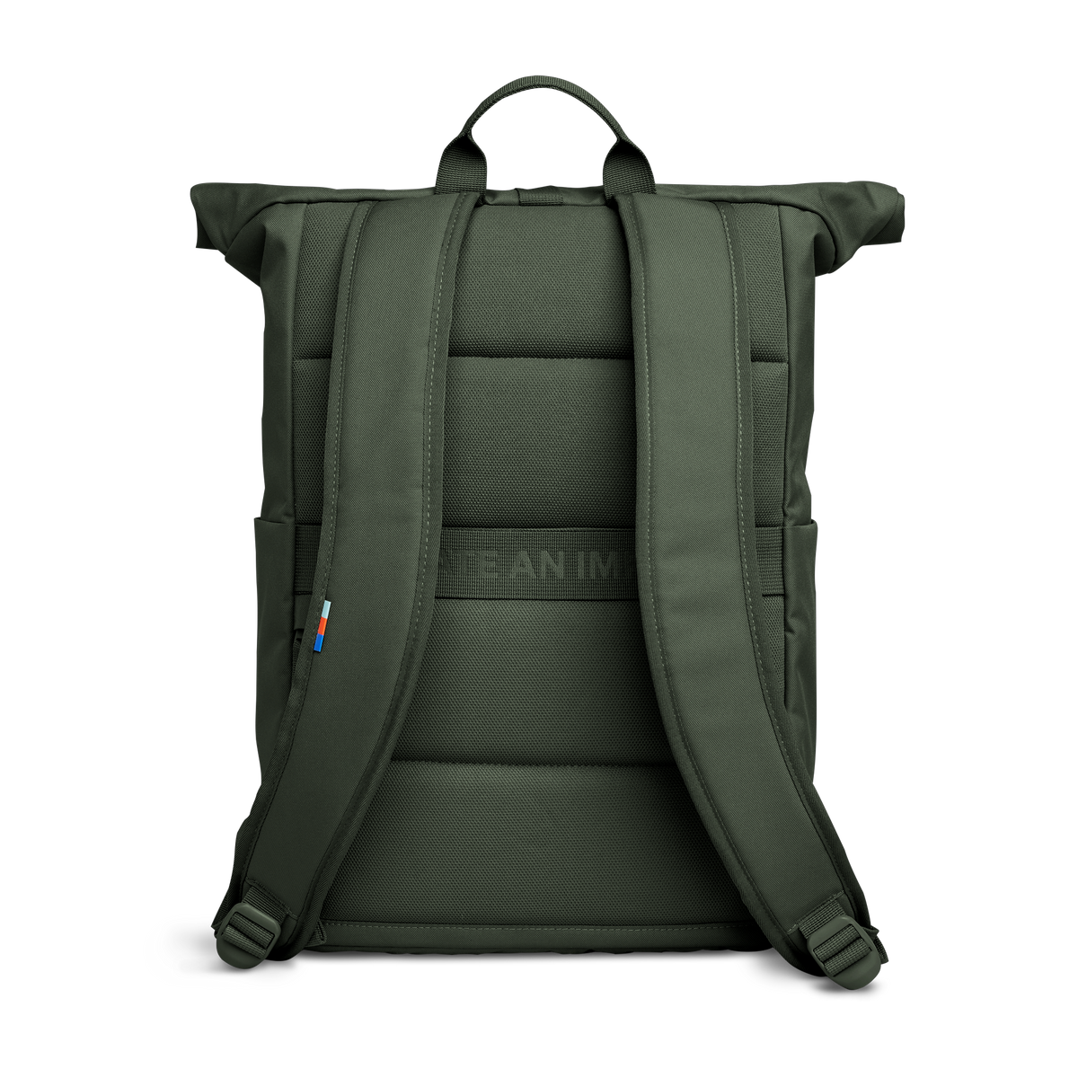 ROLLTOP EASY Rucksack in algae (Dunkelgrün mit Graustich) in Rückansicht.