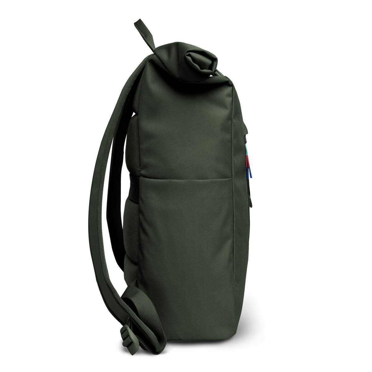 ROLLTOP EASY Rucksack in algae (Dunkelgrün mit Graustich) in Seitenansicht.
