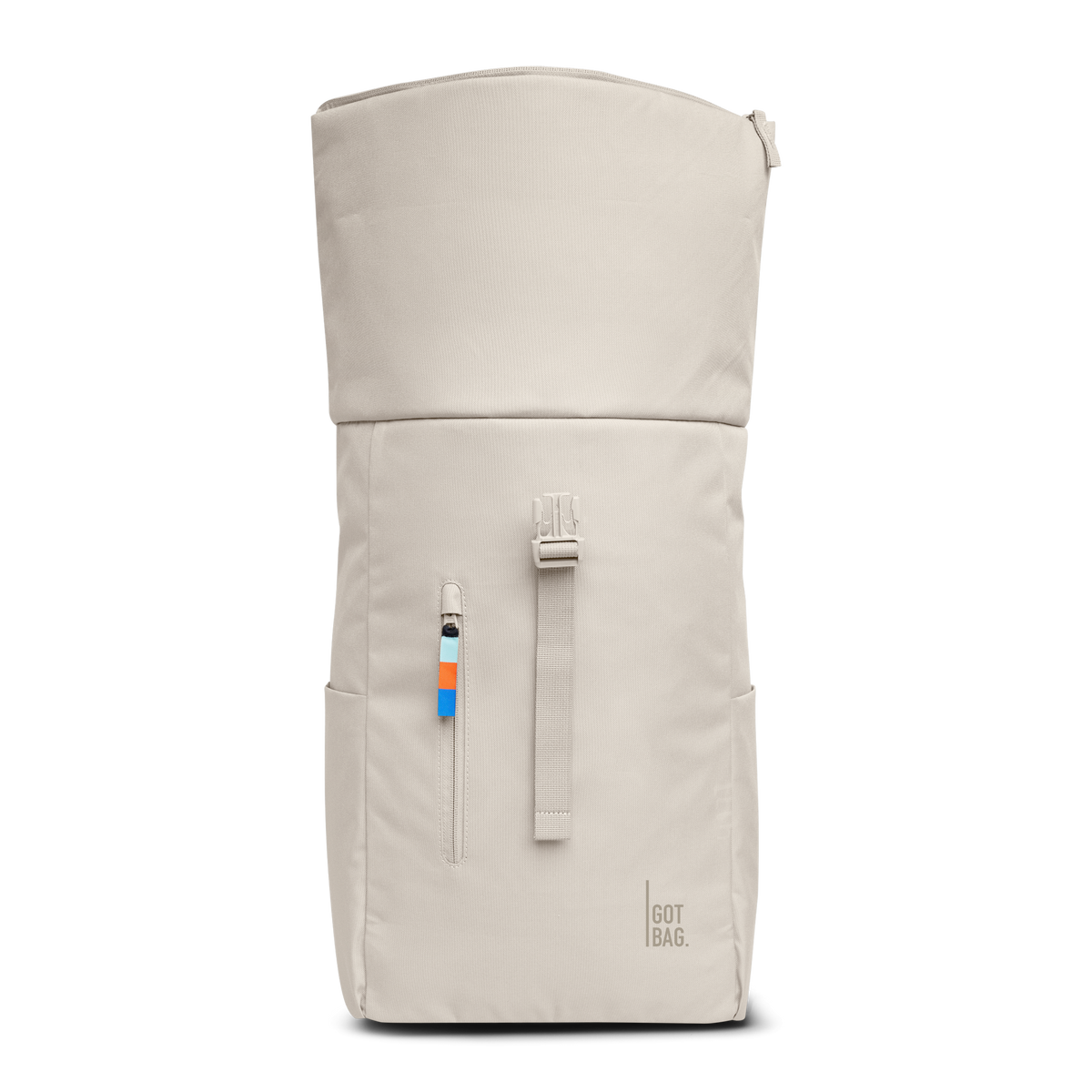 ROLLTOP EASY Rucksack in soft shell (warmes Cremeweiß) in Frontansicht.