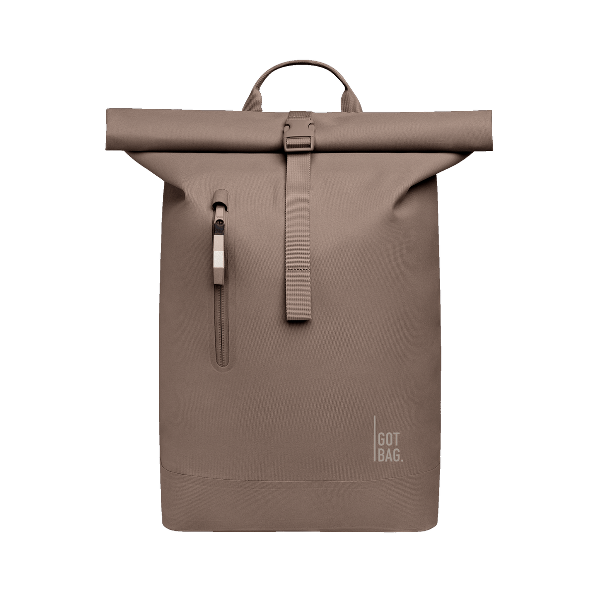 ROLLTOP LITE Rucksack in oyster (klassisches Taupe-Braun) als Frontansicht.
