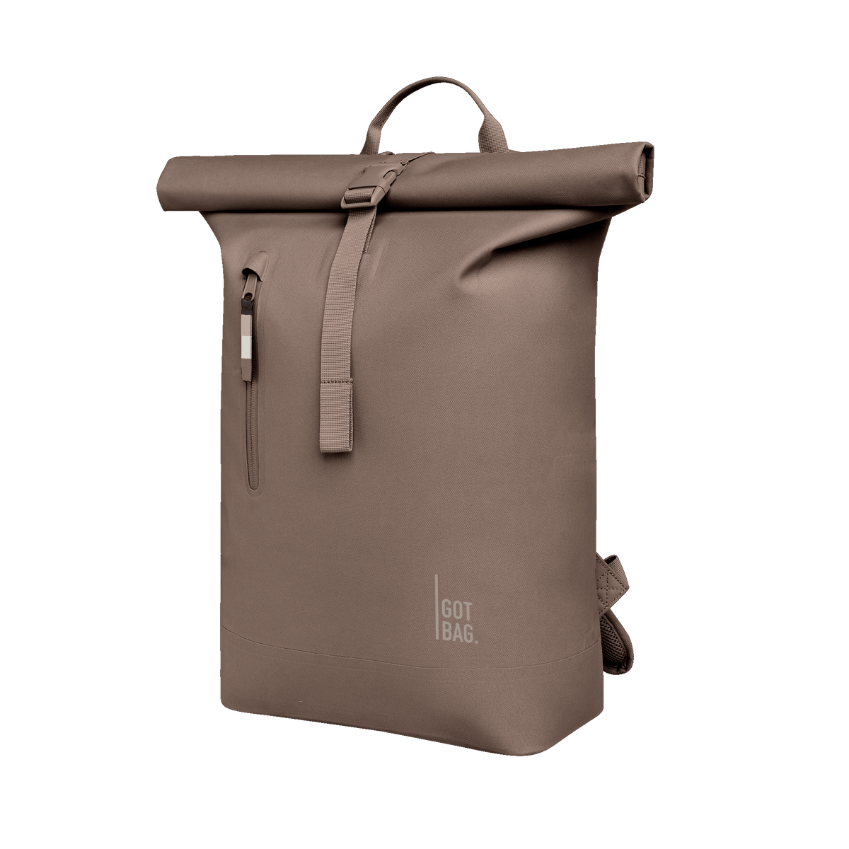 ROLLTOP LITE Rucksack in oyster (klassisches Taupe-Braun) in Schrägansicht.