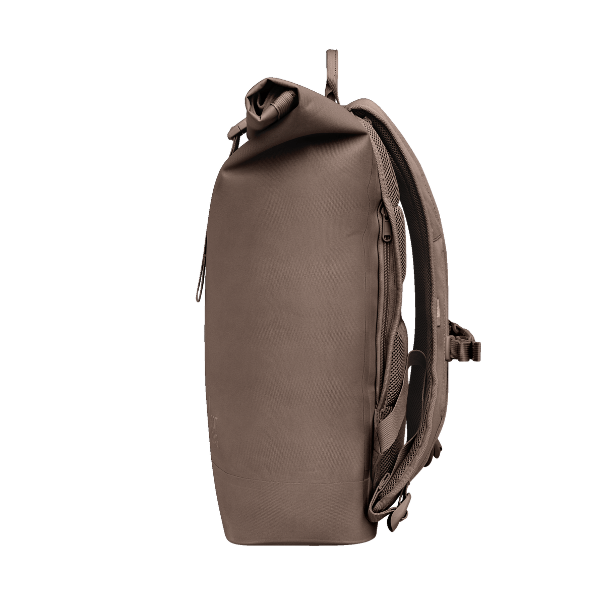 ROLLTOP LITE 2.0 Rucksack in oyster (klassisches Taupe-Braun) als Studioaufnahme in Seitenansicht.
