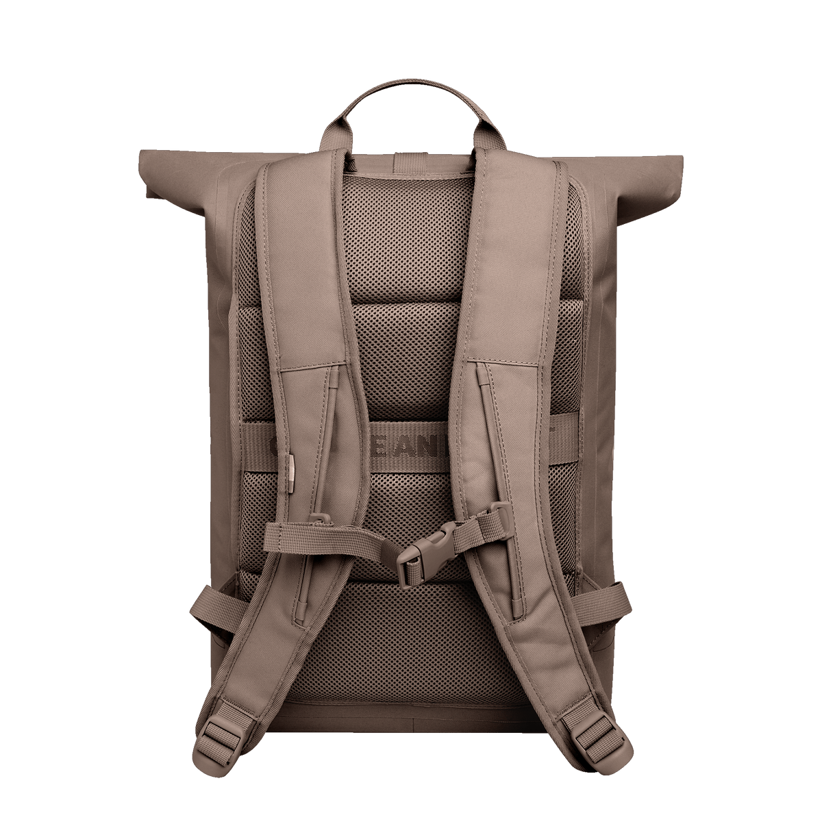 ROLLTOP LITE Rucksack in oyster (klassisches Taupe-Braun) in Rückenansicht.
