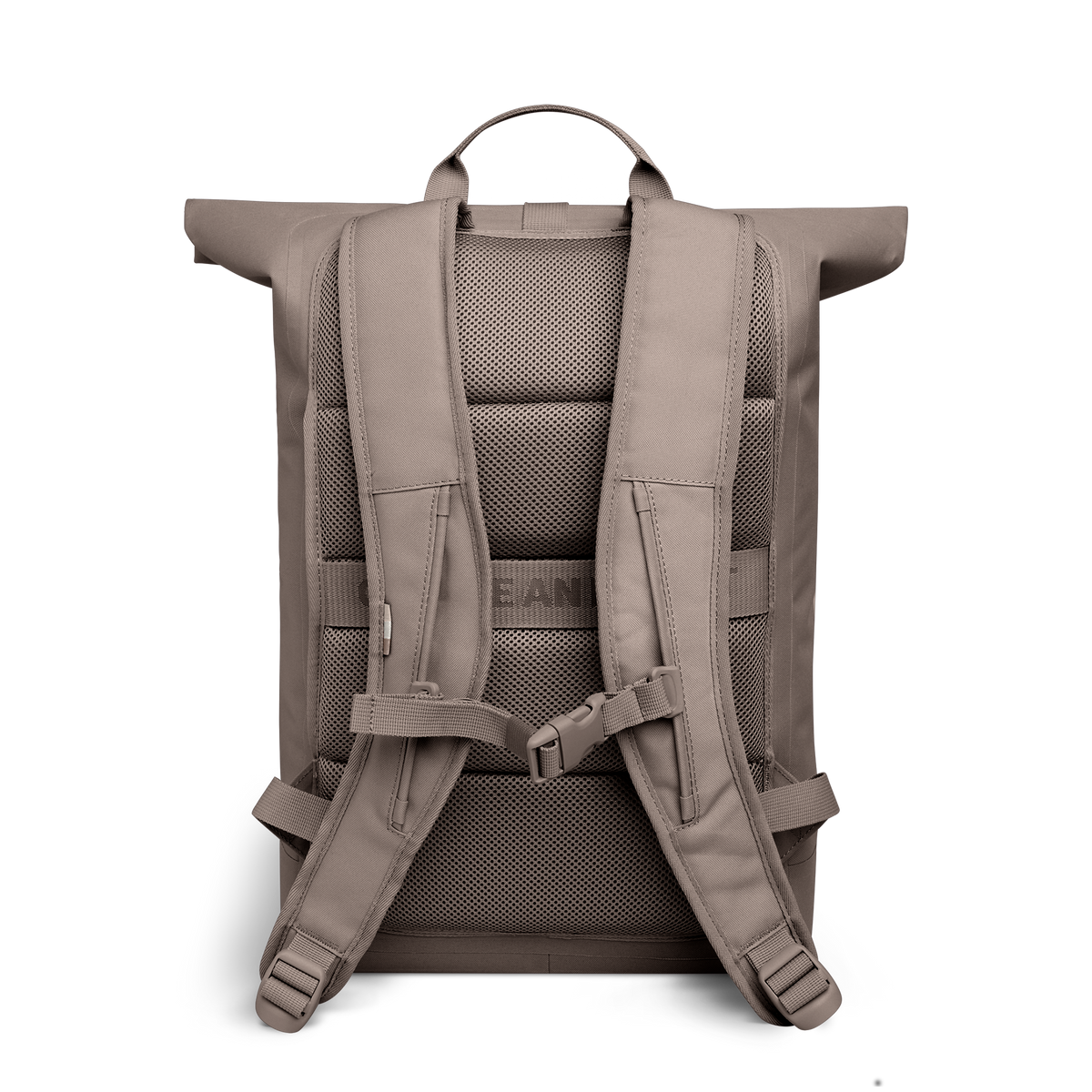 ROLLTOP LITE Rucksack in oyster (klassisches Taupe-Braun) in Rückansicht.