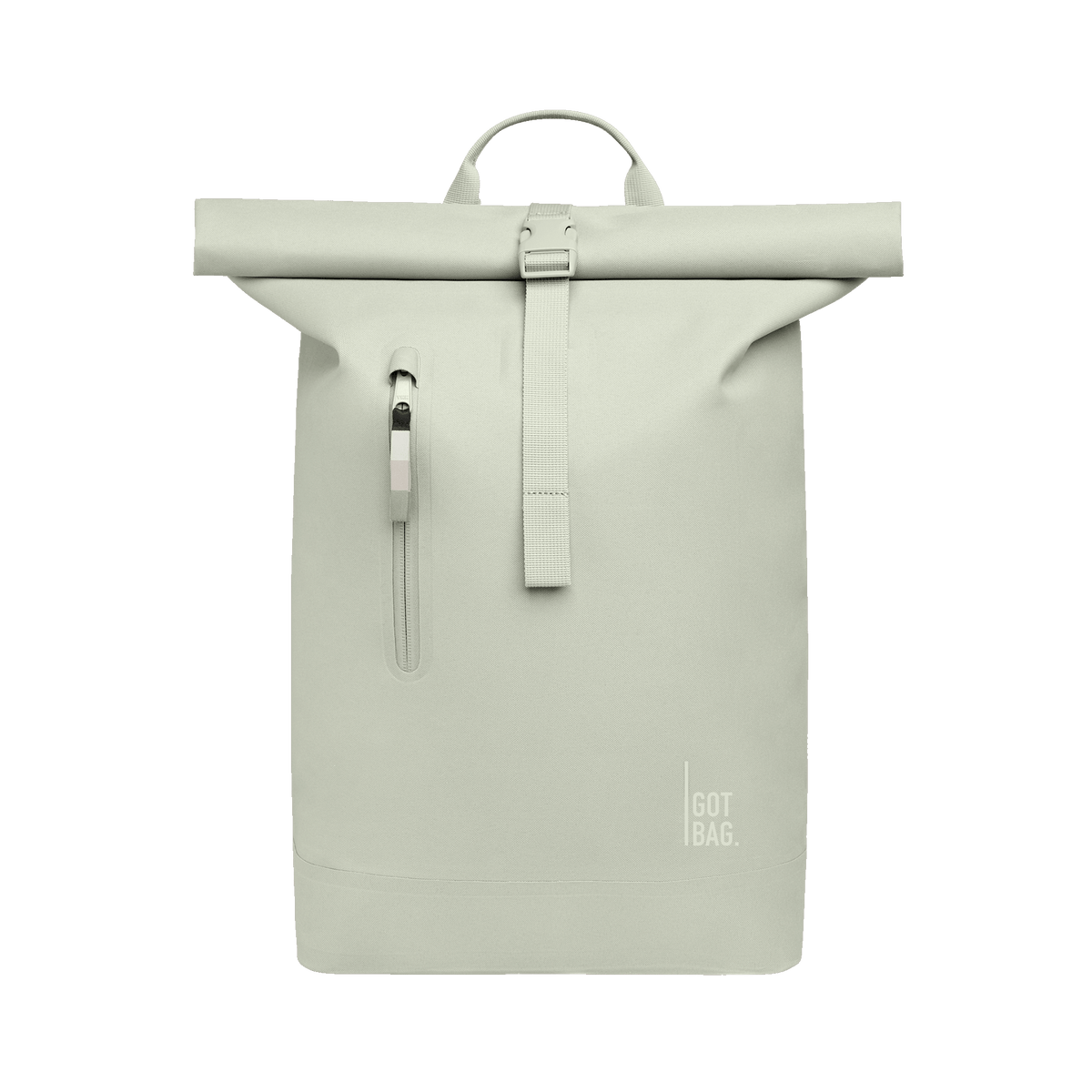 ROLLTOP LITE rugzak in porpoise (lichtgrijs met frisse groene ondertoon) als studio-opname vooraanzicht.