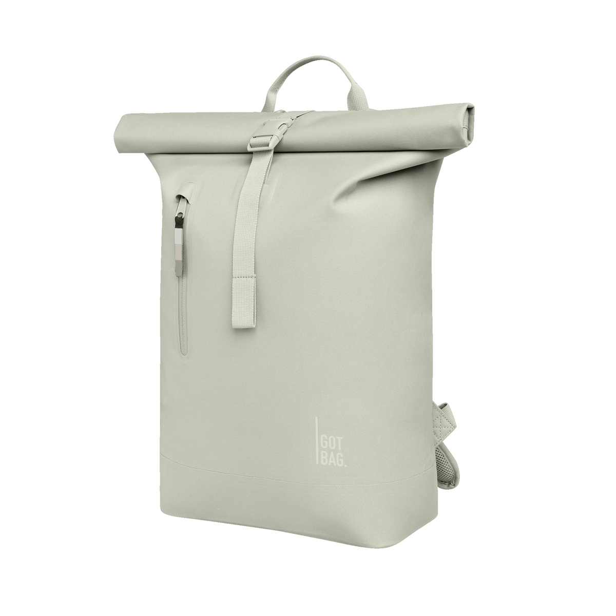 ROLLTOP LITE Rucksack in porpoise (helles Grau mit frischem grünen Unterton) in Diagonale Ansicht.