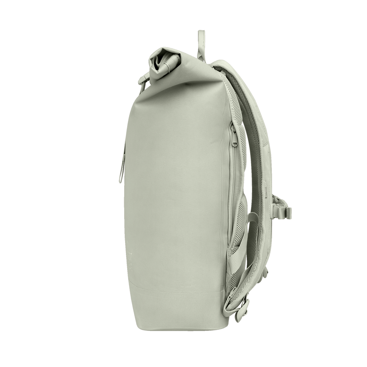 ROLLTOP LITE Rucksack in porpoise (helles Grau mit frischem grünen Unterton) als Seitenansicht.