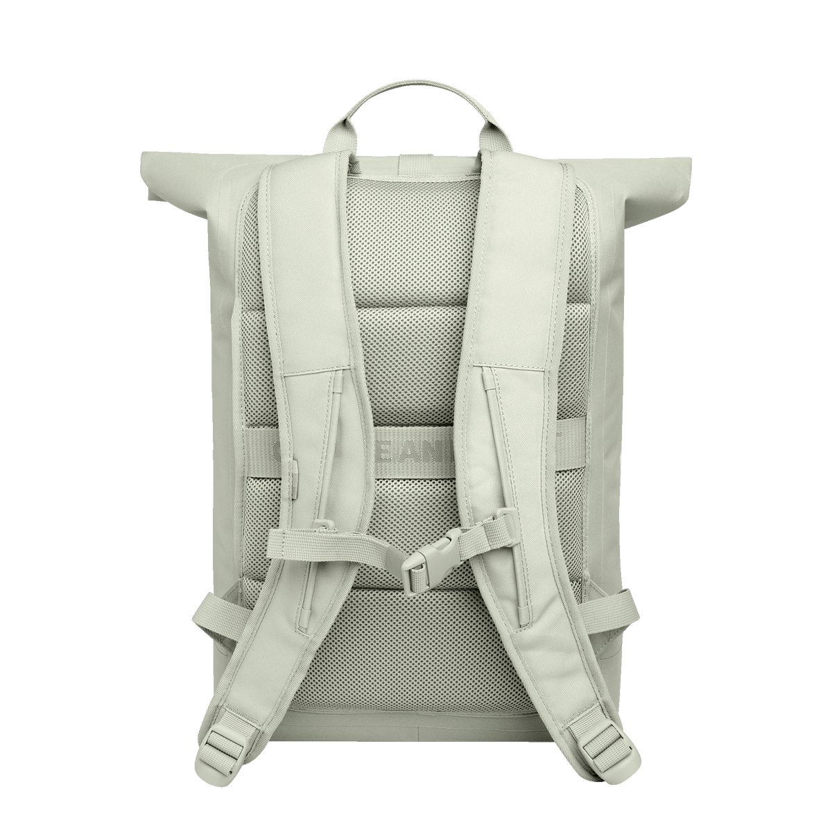 ROLLTOP LITE Rucksack in porpoise (helles Grau mit frischem grünen Unterton) als Studioaufnahme in Rückansicht.