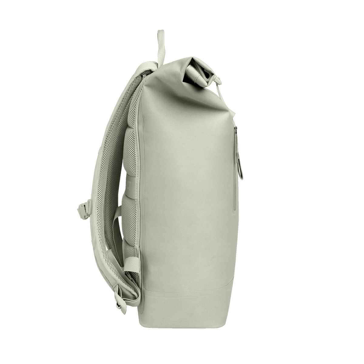 ROLLTOP LITE Rucksack in porpoise (helles Grau mit frischem grünen Unterton) in Seitenansicht.