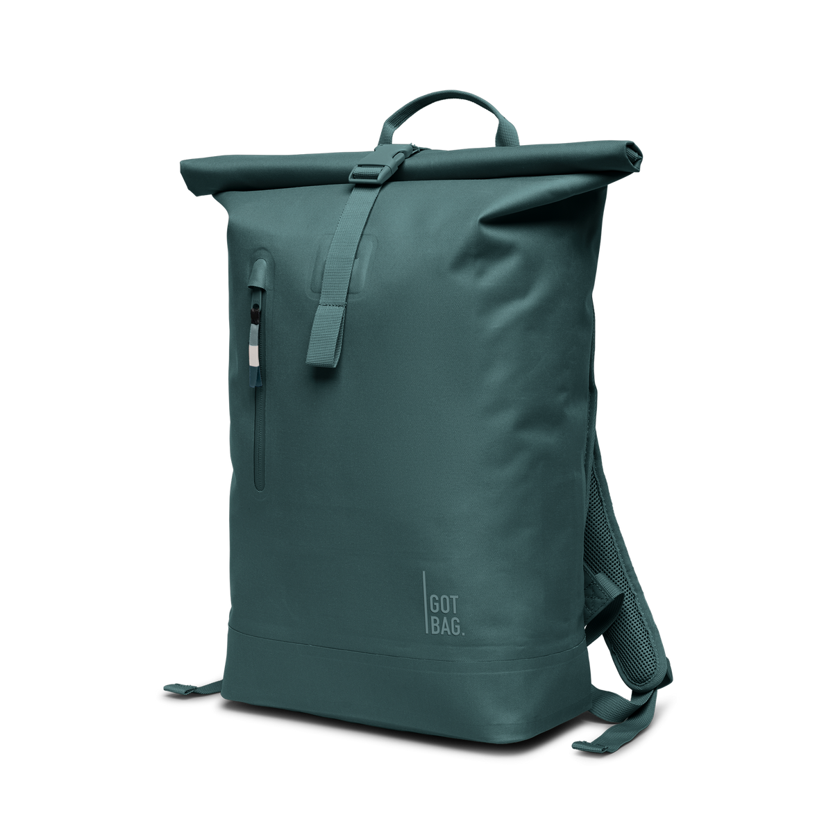 ROLLTOP LITE Rucksack in sea teal (kühles Türkisgrün) in diagonaler Ansicht.