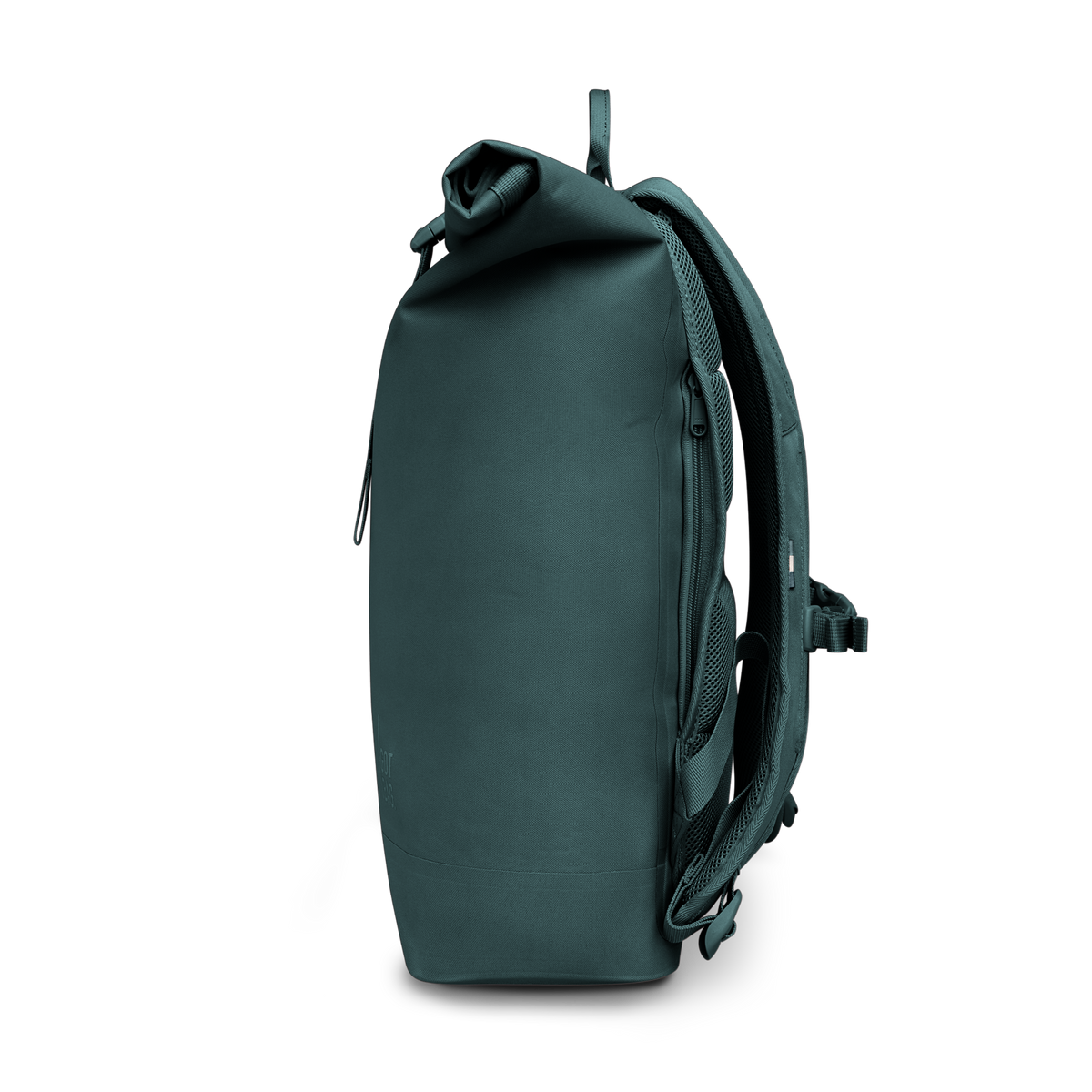 ROLLTOP LITE 2.0 MONOCHROME EDITION Rucksack in sea teal (kühles Türkisgrün) als Seitenansicht.