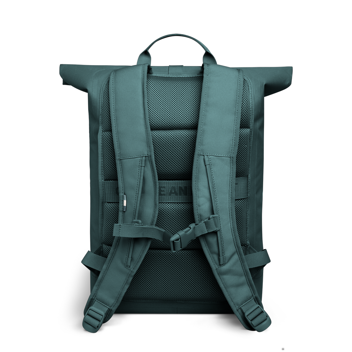 ROLLTOP LITE Rucksack in sea teal (kühles Türkisgrün) in Rückansicht.