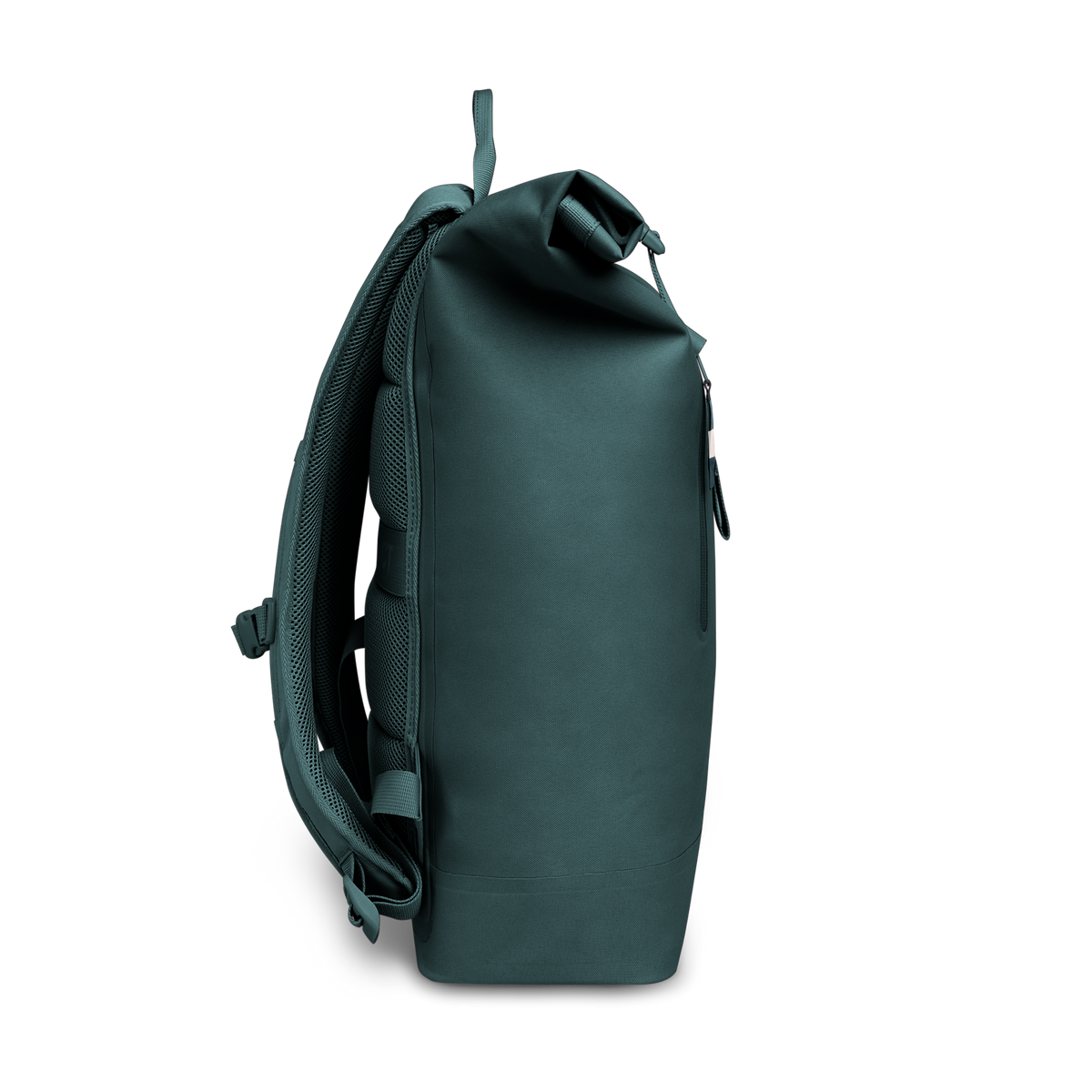 ROLLTOP LITE Rucksack in sea teal (kühles Türkisgrün) als Studioaufnahme in Seitenansicht.