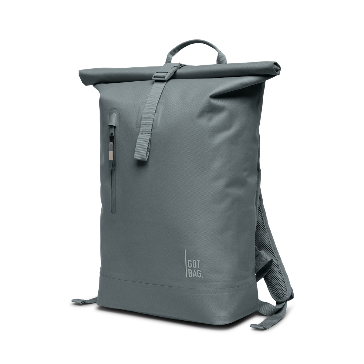 ROLLTOP LITE Rucksack in basalt (graues Eisblau) in diagonaler Ansicht.
