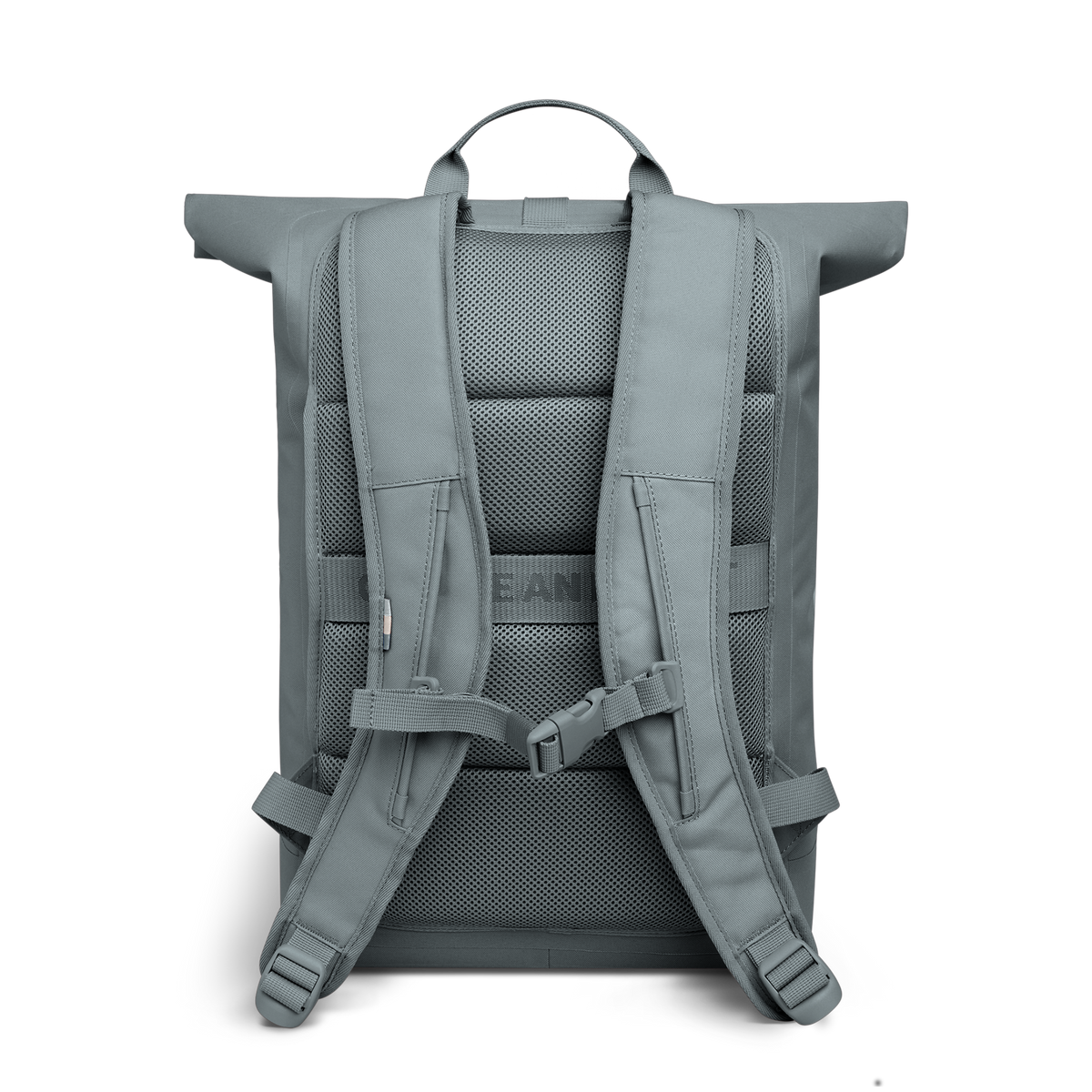 ROLLTOP LITE 2.0 MONOCHROME Rucksack in basalt (graues Eisblau) in Rückenansicht.