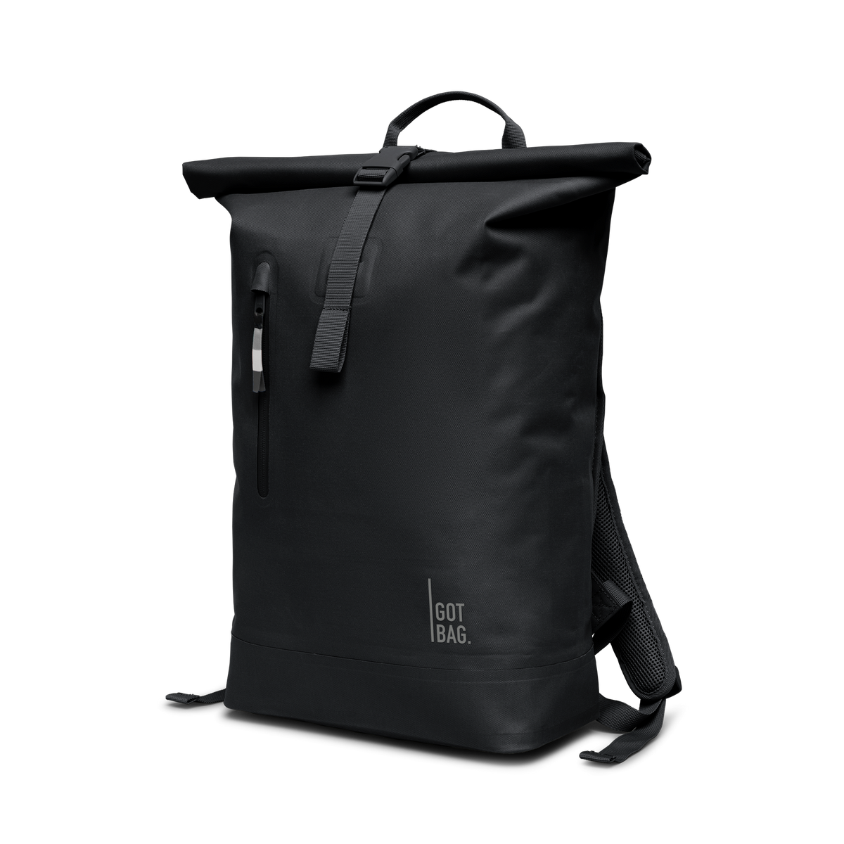 ROLLTOP LITE Rucksack in black (Schwarz) in diagonaler Ansicht.