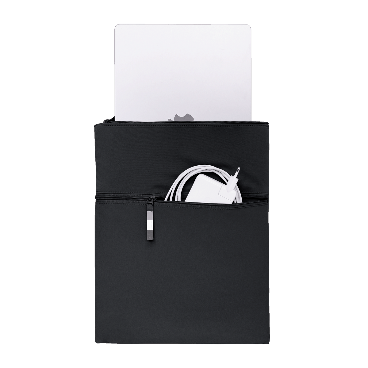 ROLLTOP LITE Accessoires in black (Schwarz) mit Laptop und Ladegerät in Frontansicht.