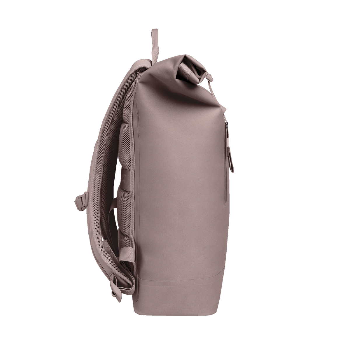 ROLLTOP LITE MONOCHROME Rucksack in blobfish (dunkles Altrosa) als Seitenansicht.