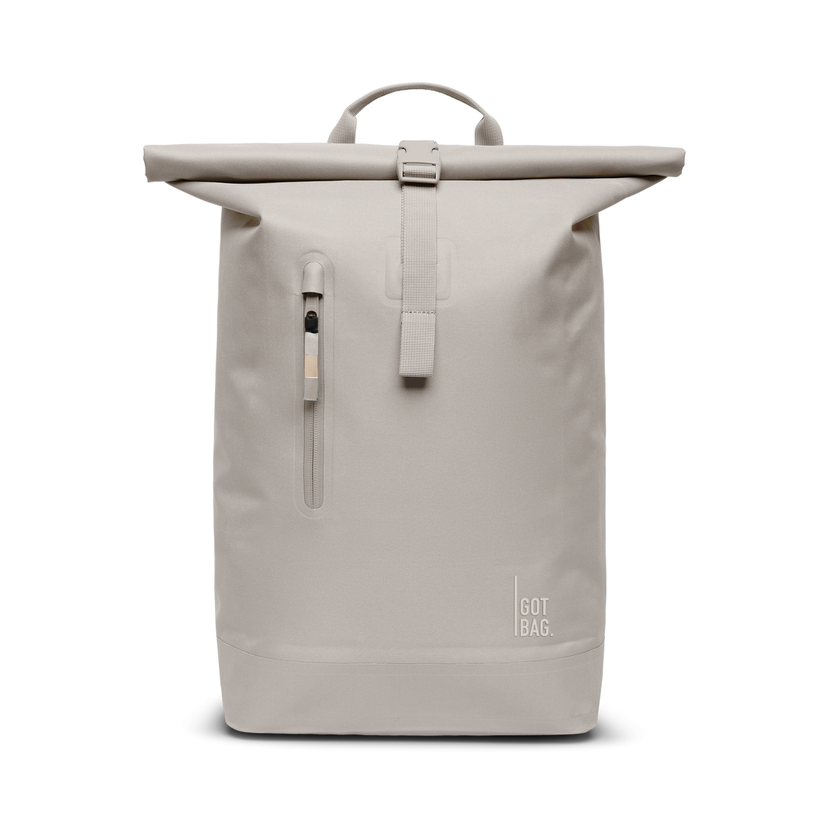 ROLLTOP LITE Rucksack in clam (helles, warmes Grau) Frontansicht.