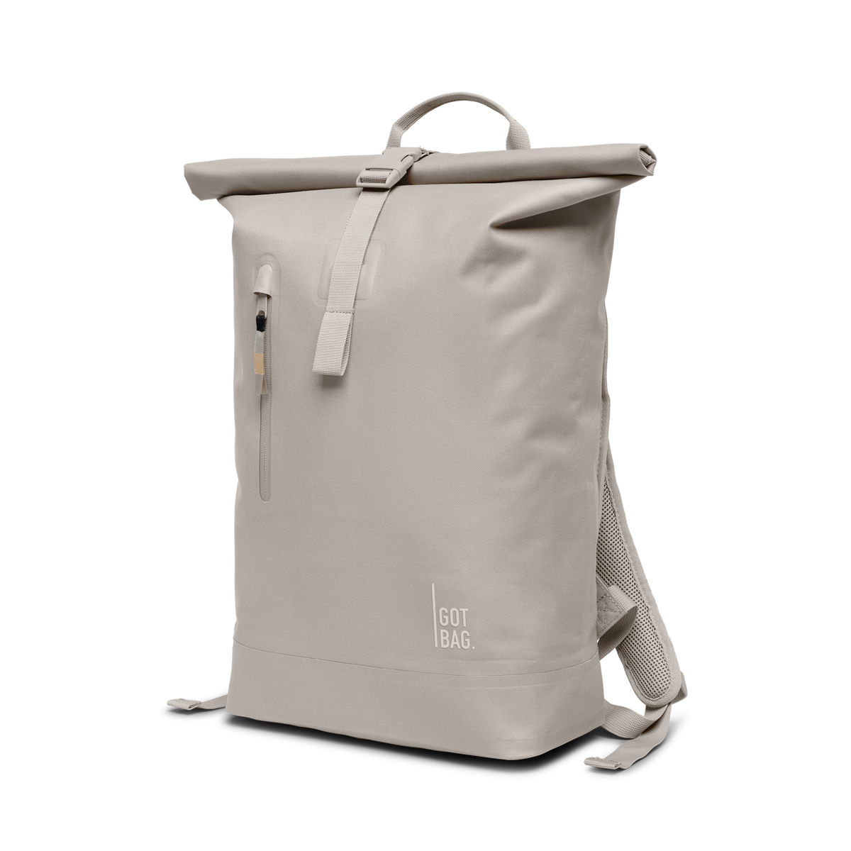 ROLLTOP LITE Rucksack in clam (helles, warmes Grau) in diagonaler Ansicht.