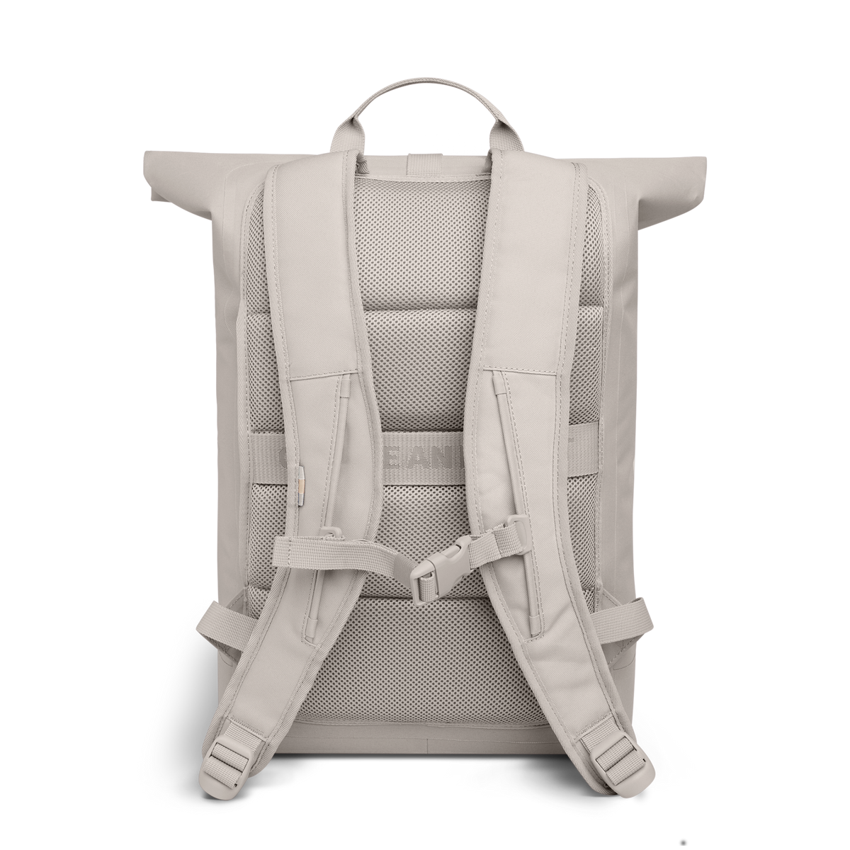 ROLLTOP LITE Rucksack in clam (helles, warmes Grau) als Studioaufnahme in Rückansicht.