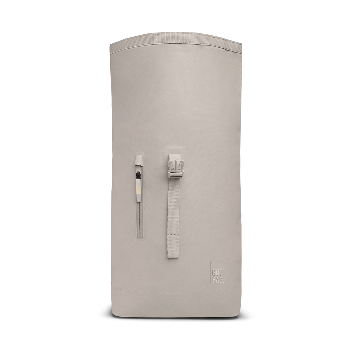 ROLLTOP LITE Rucksack in clam (helles, warmes Grau) als Studioaufnahme in Frontansicht.
