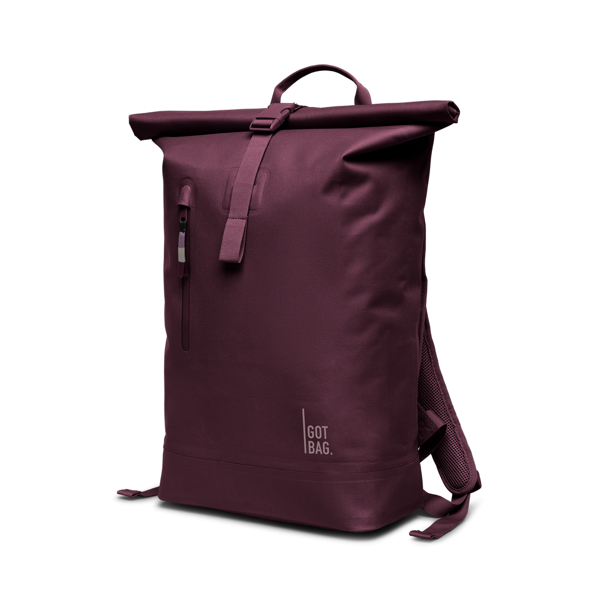 ROLLTOP LITE Rucksack in kraken (Weinrot) in diagonaler Ansicht.