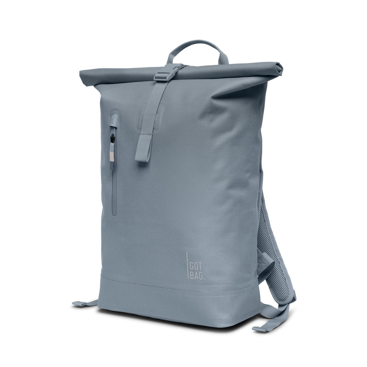 ROLLTOP LITE Rucksack in marlin (grau-blau) in schräger Ansicht.