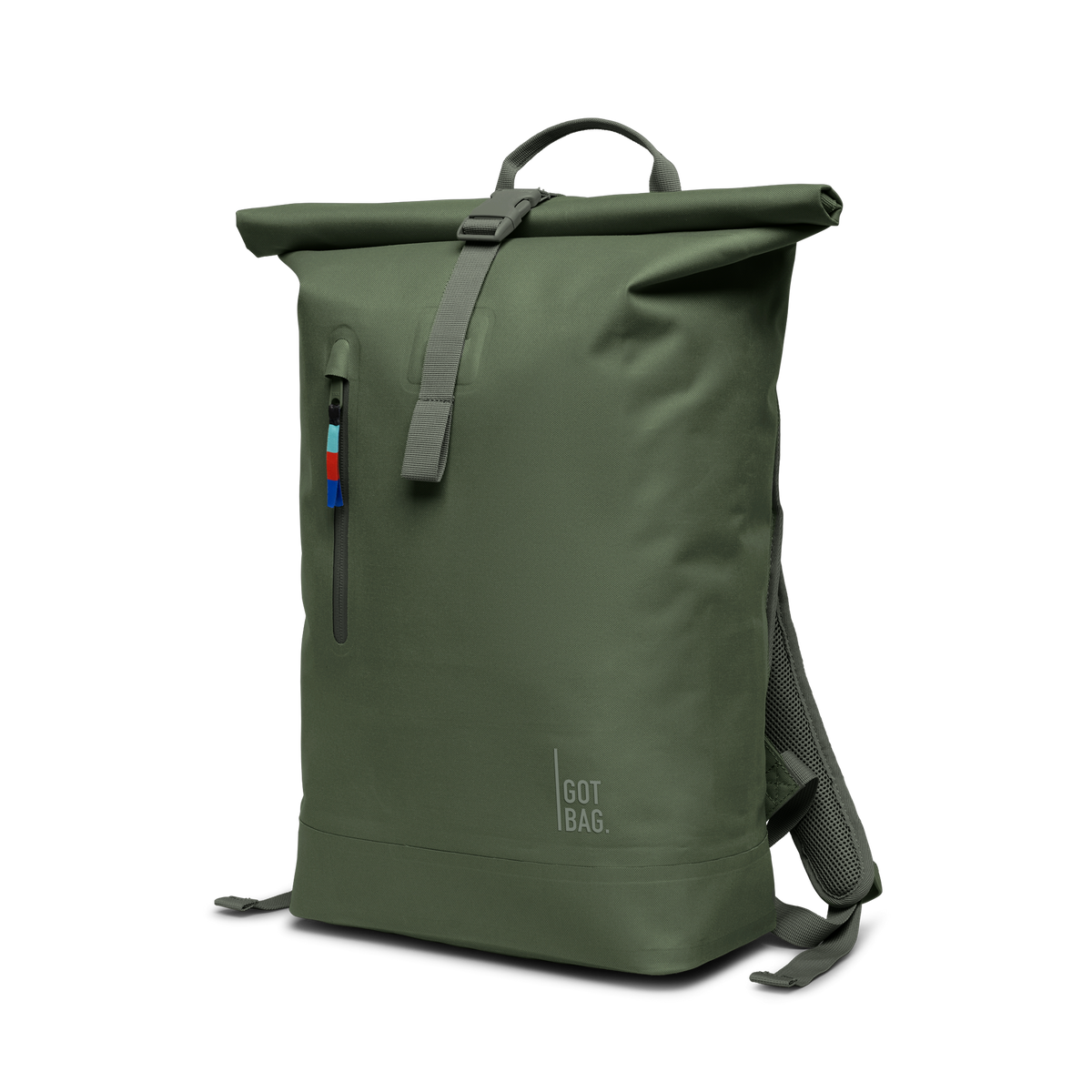 ROLLTOP LITE Rucksack in algae (Dunkelgrün mit Graustich) in diagonaler Frontansicht.