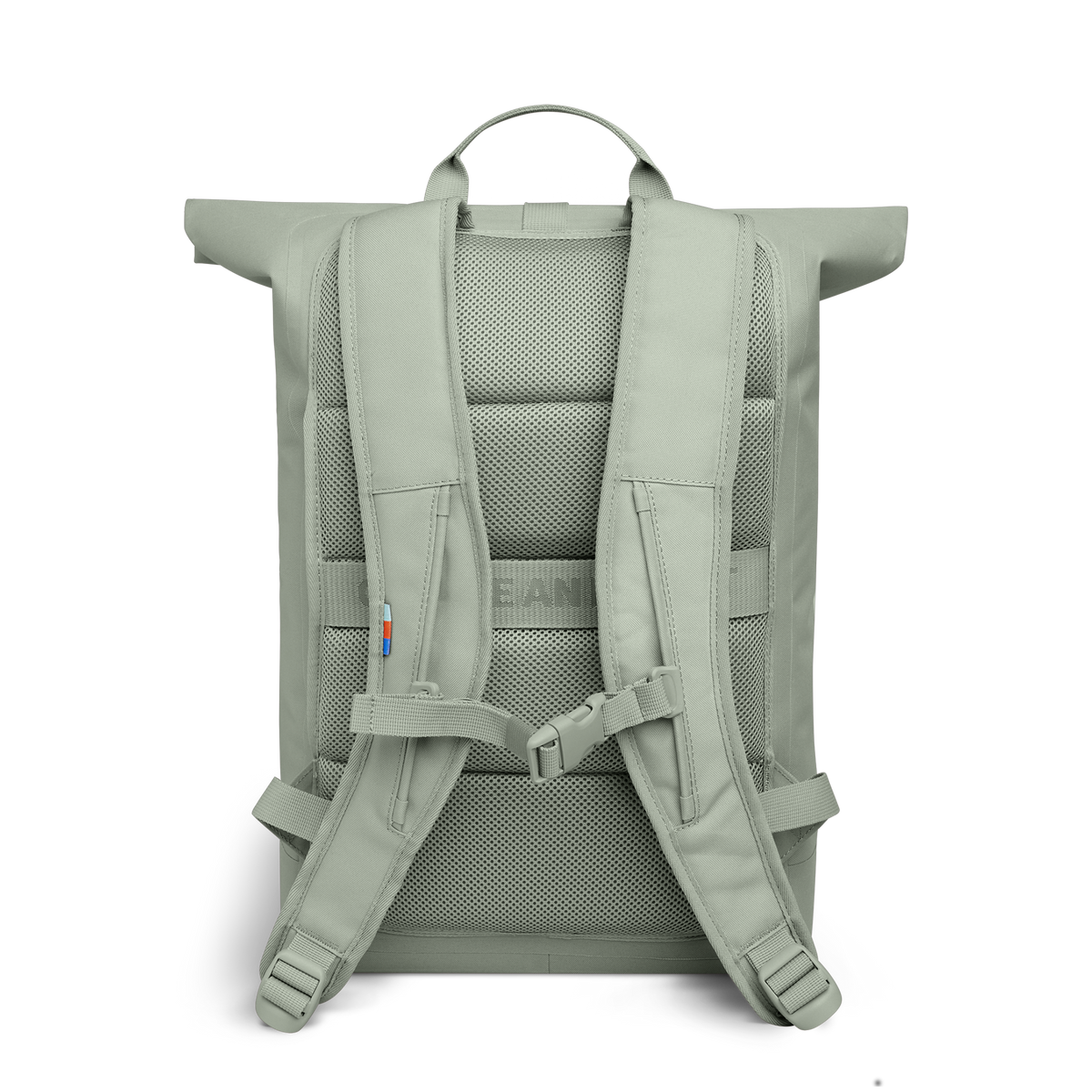 ROLLTOP LITE Rucksack in bass (Salbeigrün) in Rückansicht.