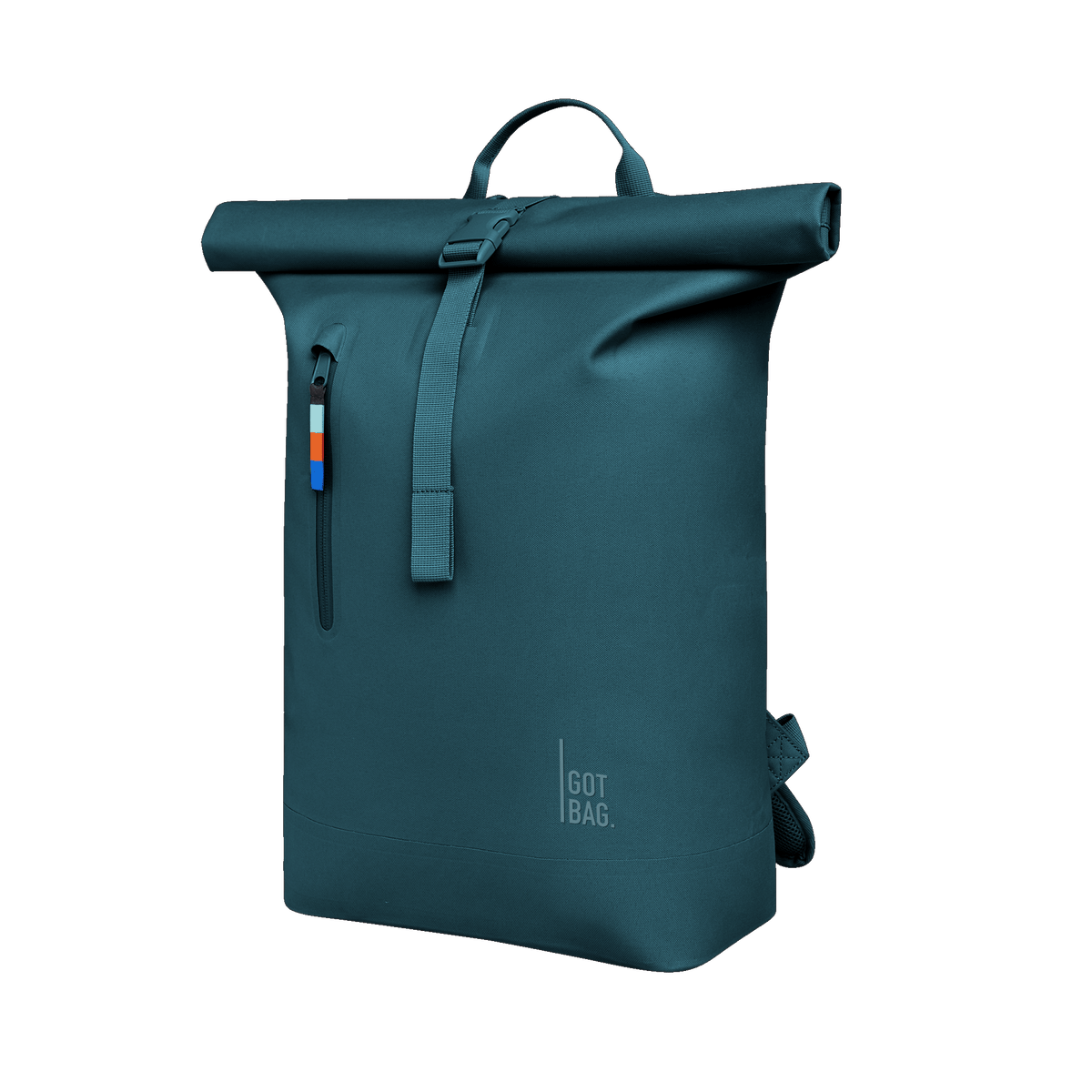 ROLLTOP LITE Rucksack in cliff (dunkles Petrol) in diagonaler Ansicht.