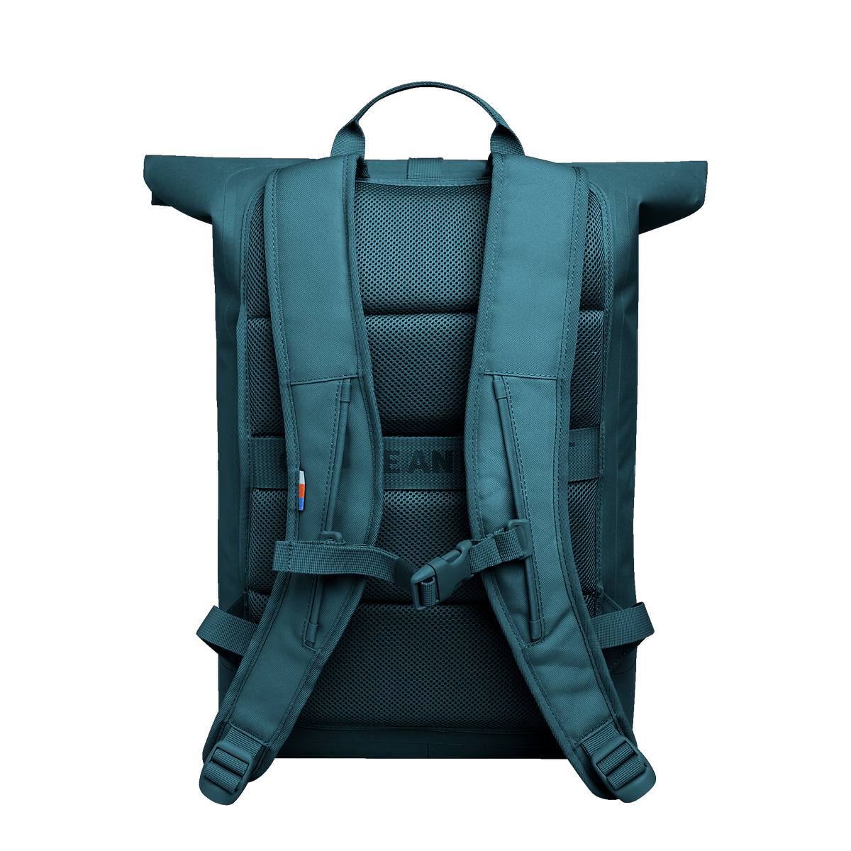 ROLLTOP LITE Rucksack in cliff (dunkles Petrol) in Rückansicht.