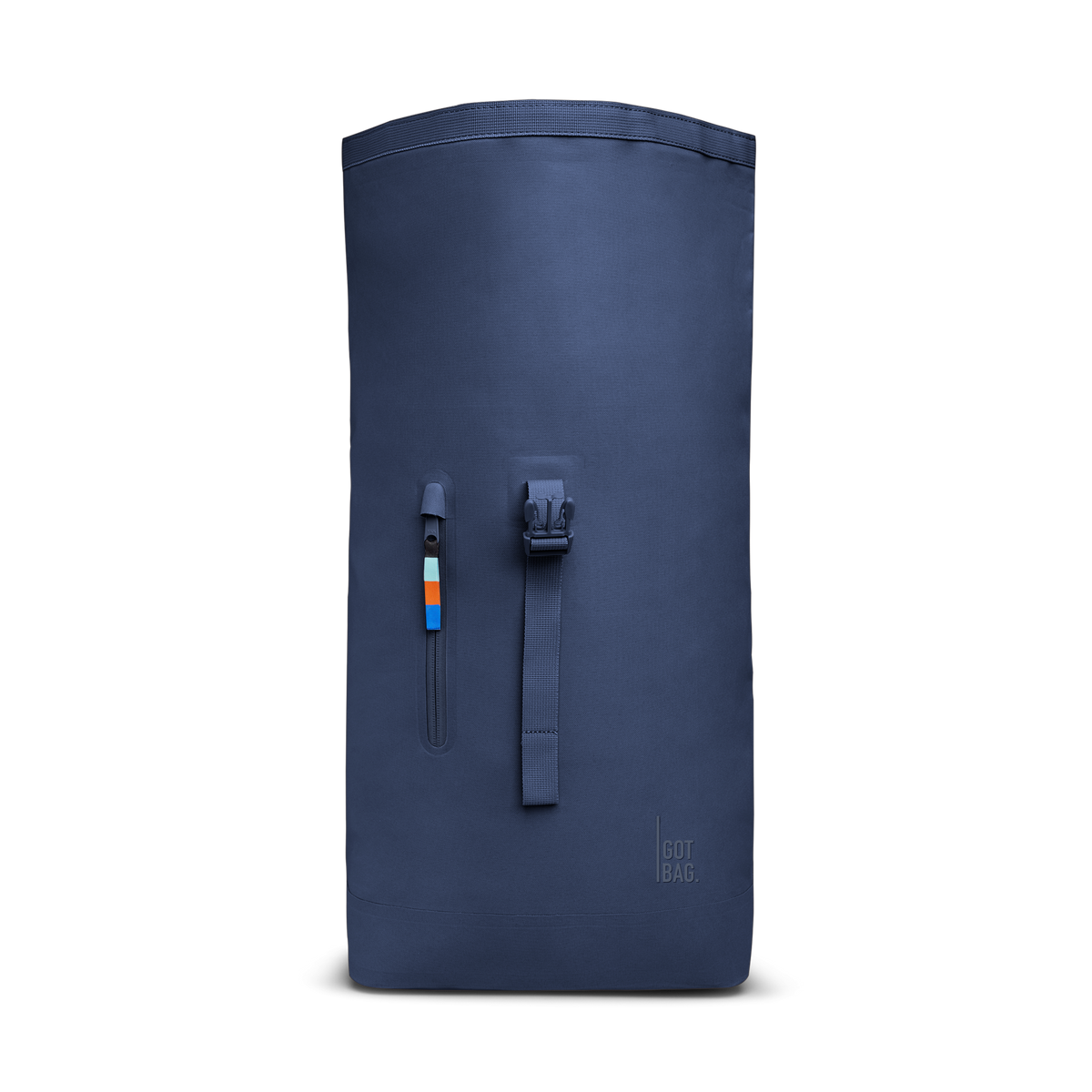 ROLLTOP LITE Rucksack in deep ocean (dunkles Marineblau) mit Reißverschluss, Schnalle und bunten Zugbändern, Frontansicht.