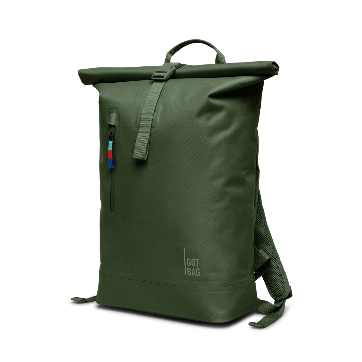 ROLLTOP LITE Rucksack in seafloor (tiefes Dunkelgrün) als Studioaufnahme in Schrägansicht.
