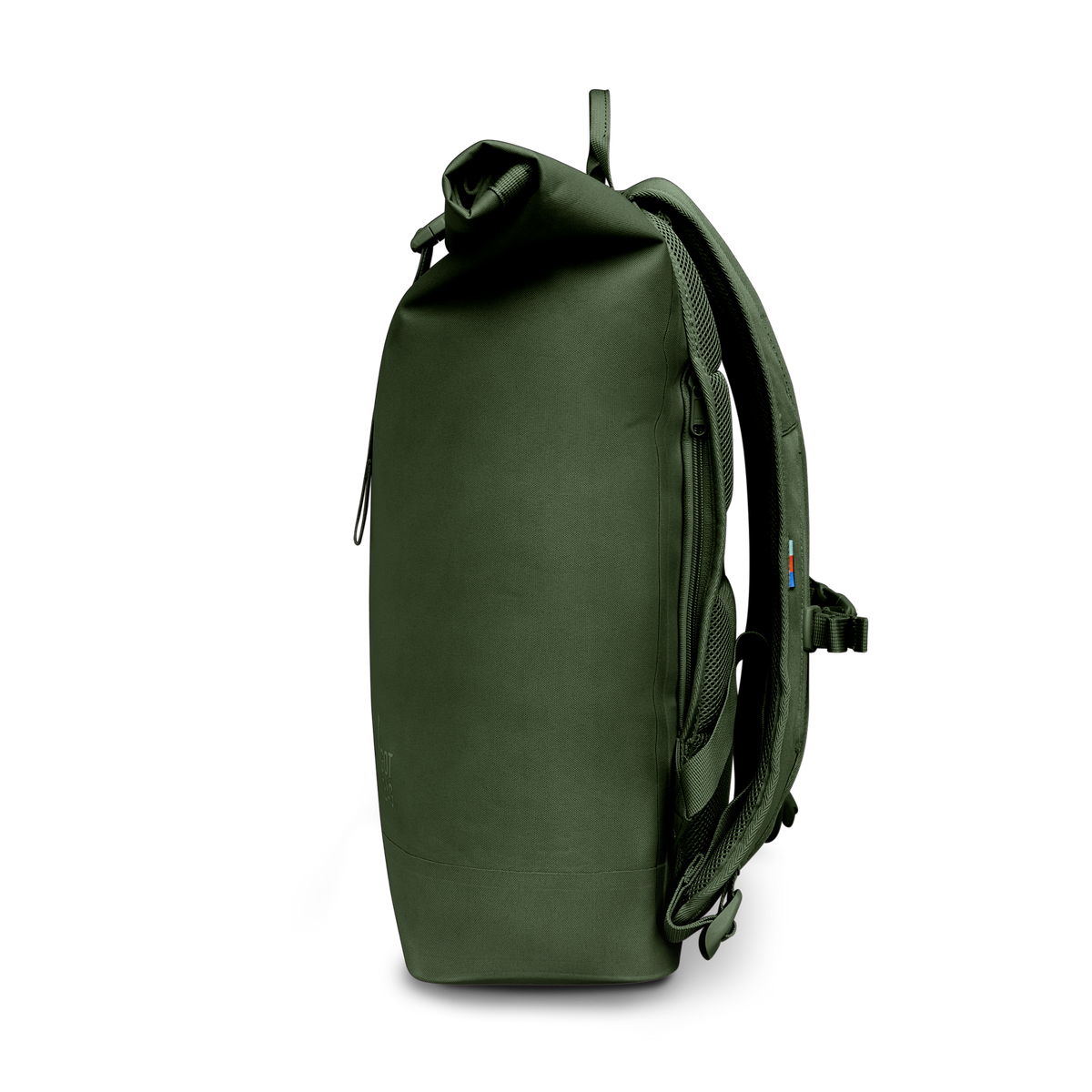 ROLLTOP LITE Rucksack in seafloor (tiefes Dunkelgrün) in Seitenansicht.