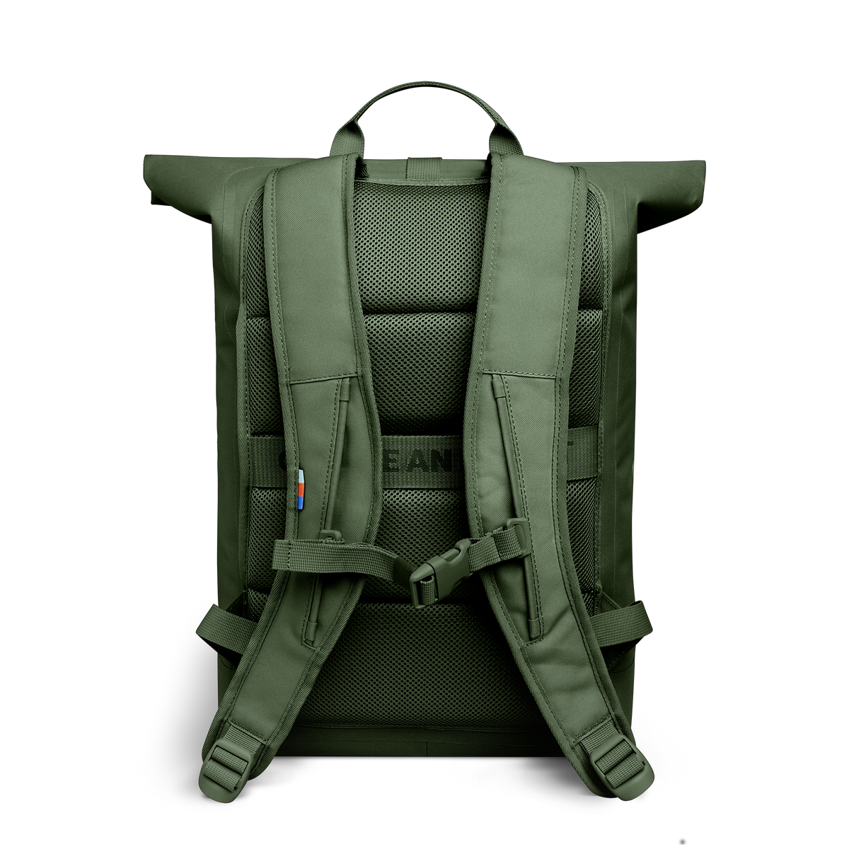 ROLLTOP LITE Rucksack in seafloor (tiefes Dunkelgrün) in Rückansicht.