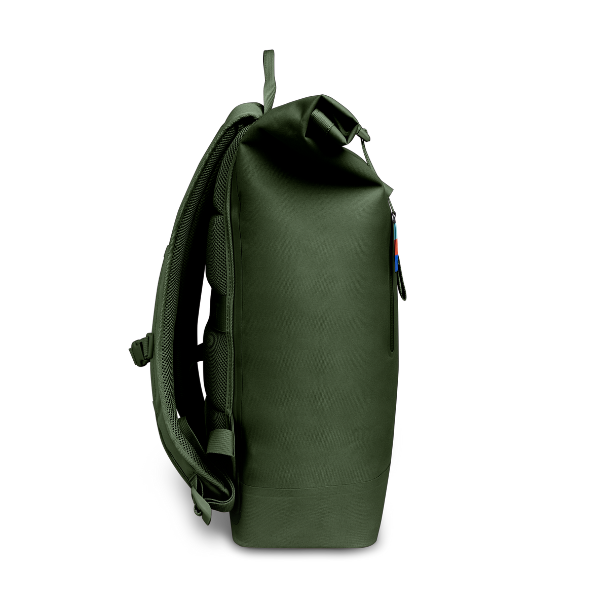 ROLLTOP LITE Rucksack in seafloor (tiefes Dunkelgrün) in Seitenansicht.