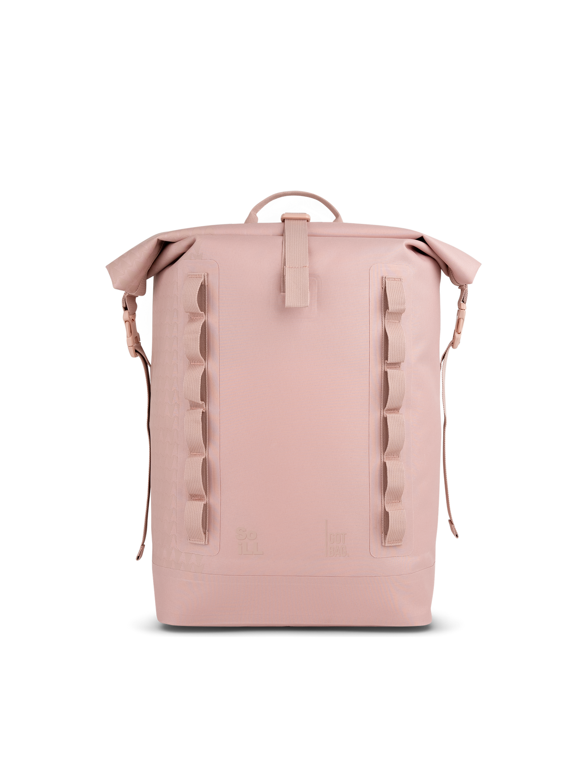 ROLLTOP ON THE ROAM Rucksack in rose als Studioaufnahme in Frontansicht.