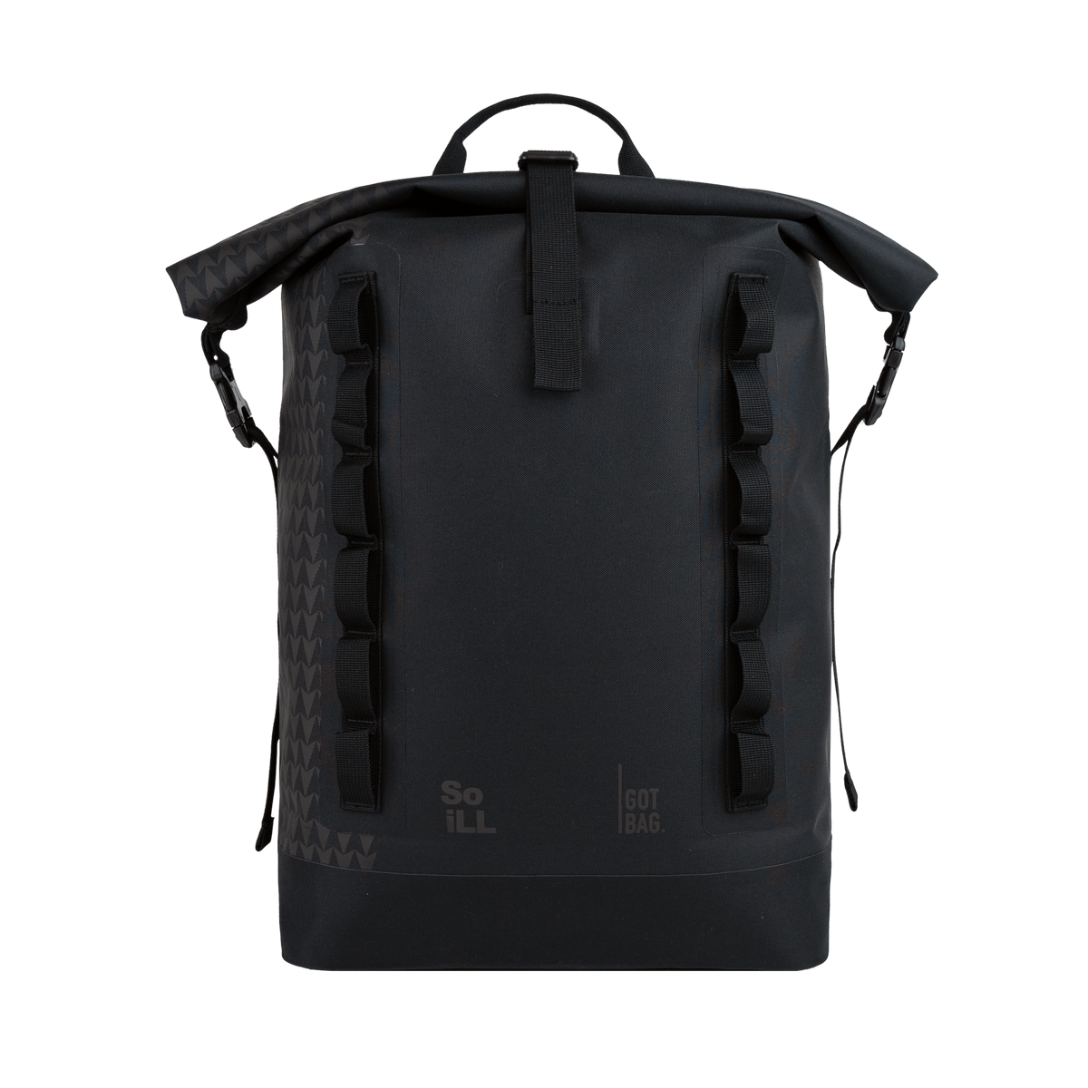 ROLLTOP ON THE ROAM Rucksack in black (Schwarz) als Studioaufnahme in Frontansicht.