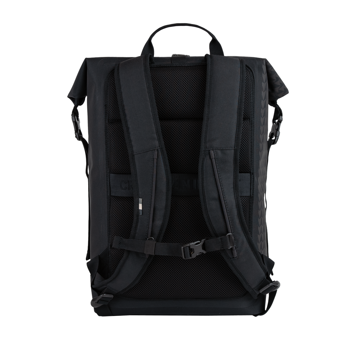 ROLLTOP ON THE ROAM Rucksack in black (Schwarz) in Rückansicht.