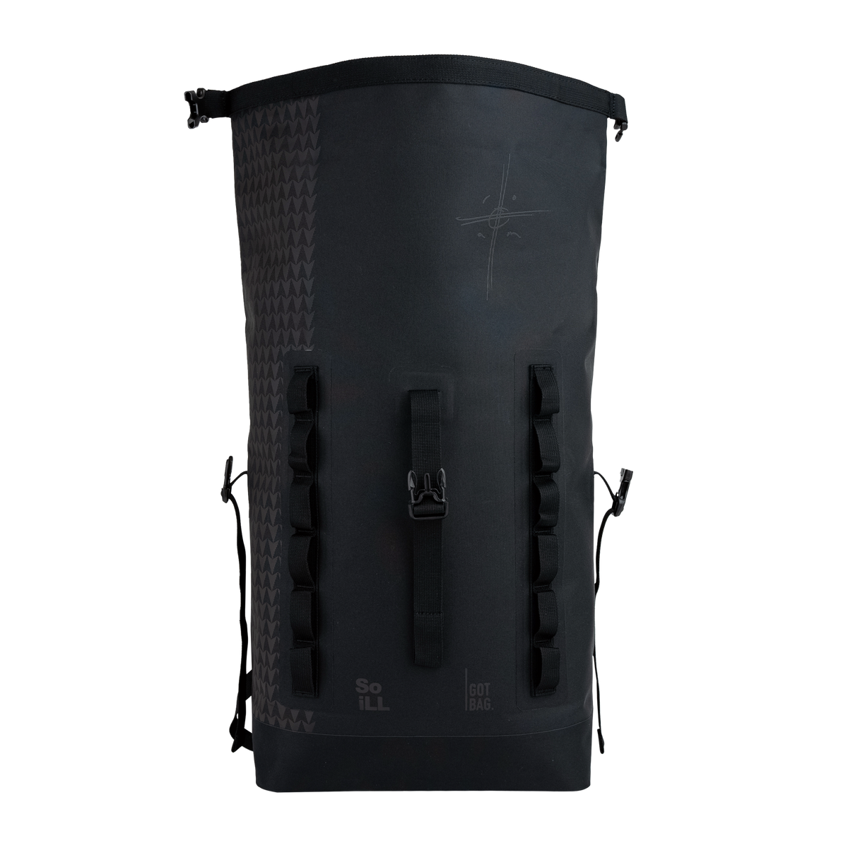 ROLLTOP ON THE ROAM Rucksack in black (Schwarz) als Studioaufnahme in Frontansicht.